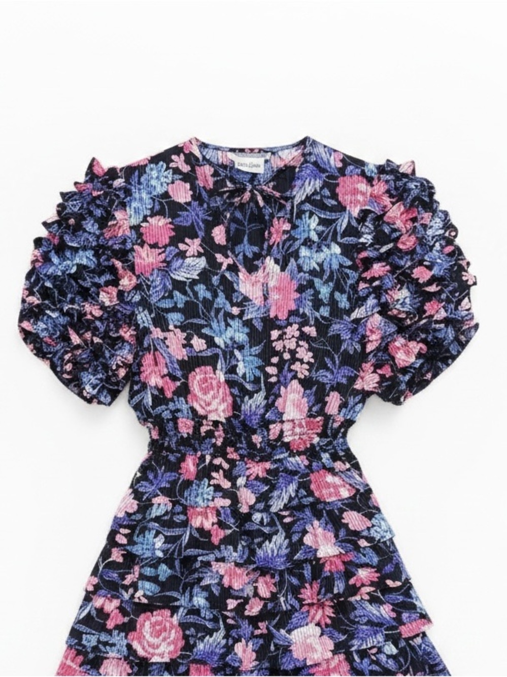 Vintage Neiman Marcus Janan Studio Floral Ruffle Sleeves Tiered Skirt Dress - Picture 6 of 10